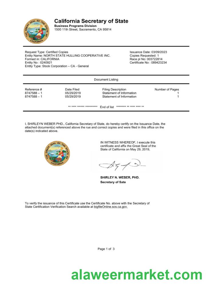 USA California State Document Autentication certificate Word and PDF template